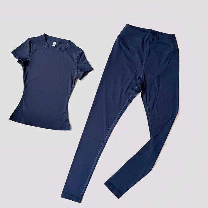 Sculpted Fit 2-Piece Yoga Set – Short Sleeve Crop Top & High-Waist Leggings