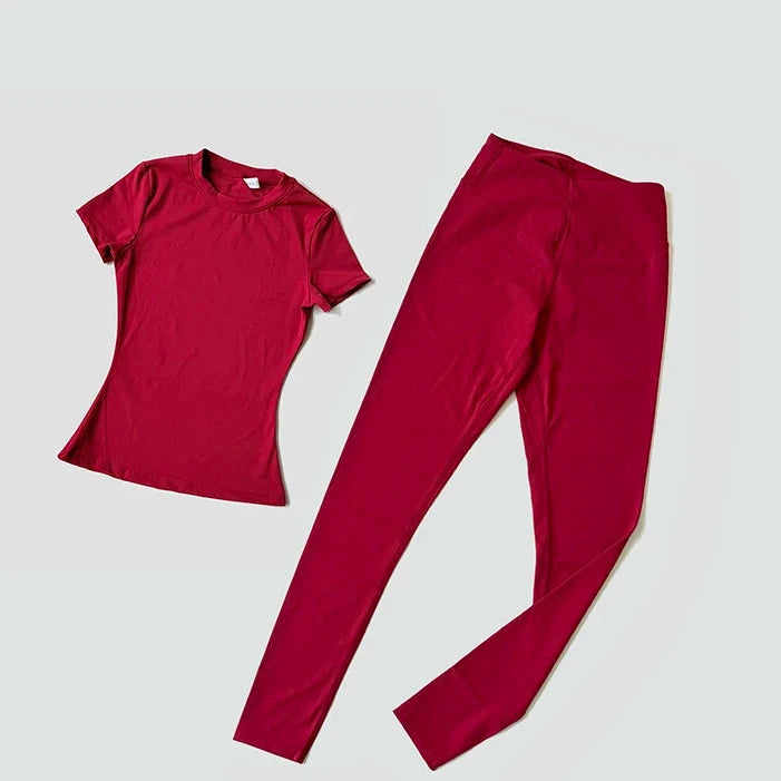 Sculpted Fit 2-Piece Yoga Set – Short Sleeve Crop Top & High-Waist Leggings
