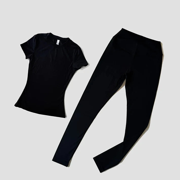 Sculpted Fit 2-Piece Yoga Set – Short Sleeve Crop Top & High-Waist Leggings