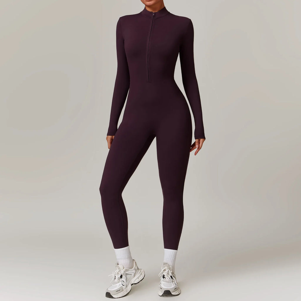 SnatchFit Long Sleeve Zip-Up Workout Jumpsuit – Push-Up Gym Bodysuit for Women