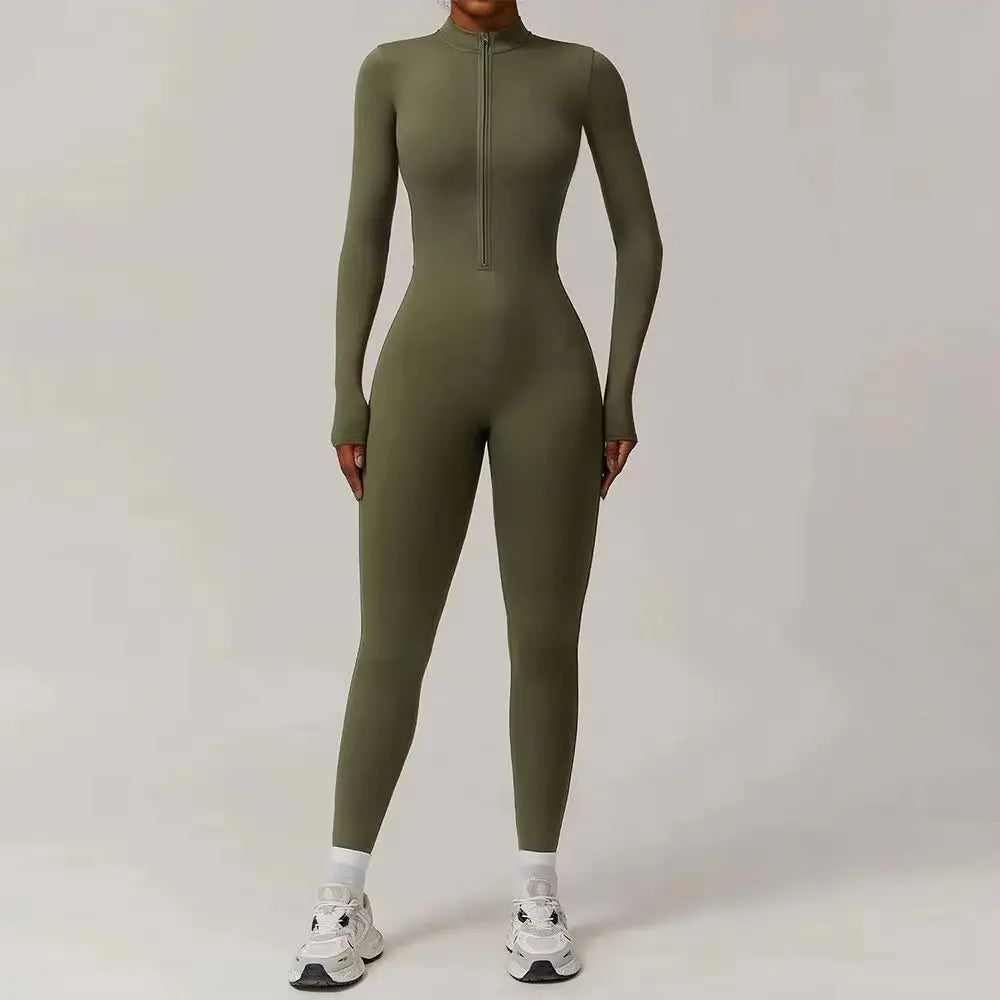 SnatchFit Long Sleeve Zip-Up Workout Jumpsuit – Push-Up Gym Bodysuit for Women