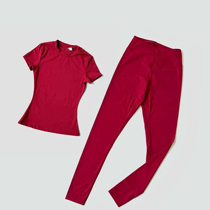 Sculpted Fit 2-Piece Yoga Set – Short Sleeve Crop Top & High-Waist Leggings