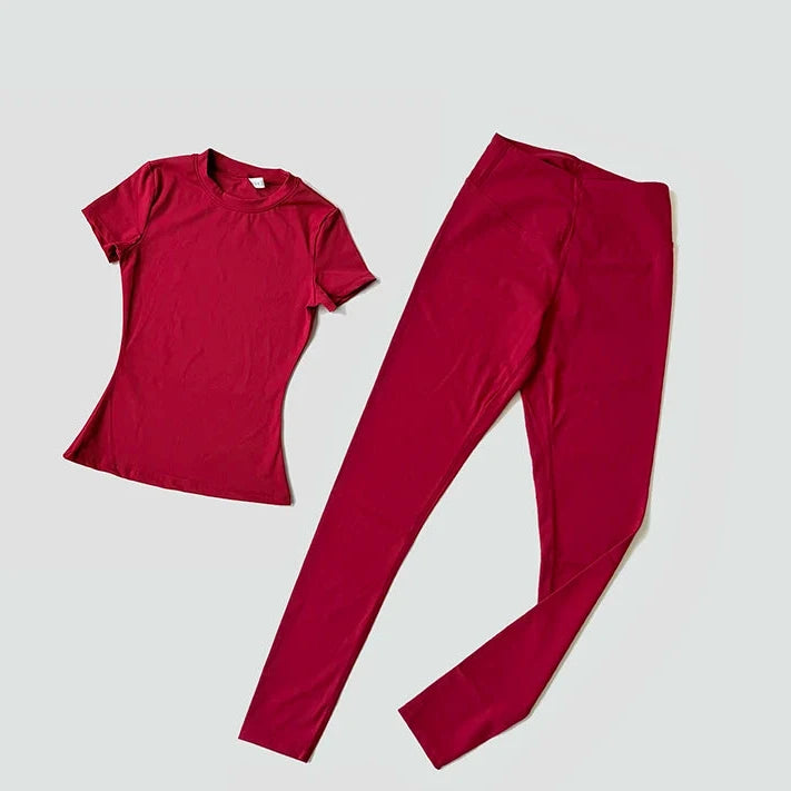 Sculpted Fit 2-Piece Yoga Set – Short Sleeve Crop Top & High-Waist Leggings